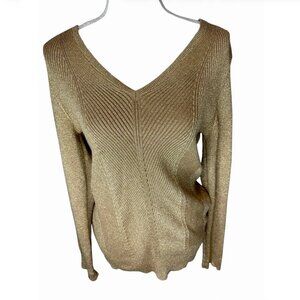 Lauren Ralph Lauren Gold Ribbed V-Neck Knit Sweater Size XL